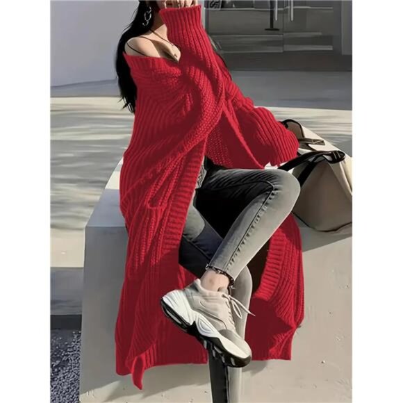 Womens Long Cardigan Sweaters Open Front Oversized Red - Picture 4 of 5
